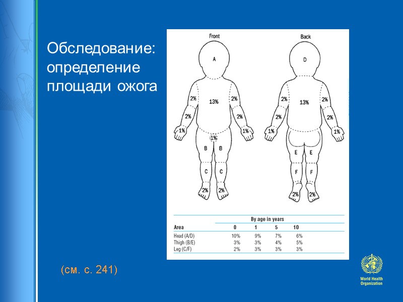 Обследование:определение площади ожога (см. с. 241)